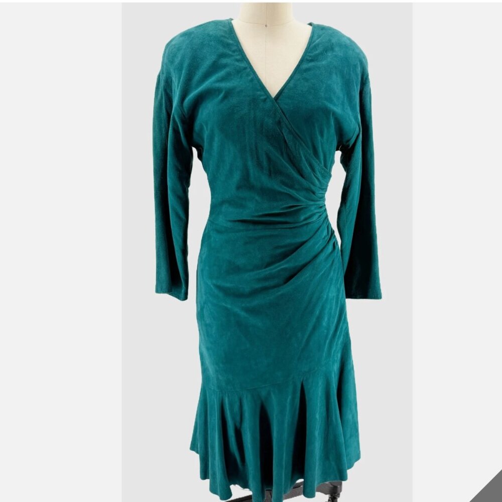 Vakko teal suede wrap front vintage 80s boho western cowgirl dress Sz 6 NWOT